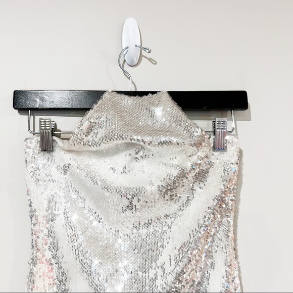 Topshop Sequin Halter Mermaid Iridescent Mini Tie Neck Dress size 0 - Picture 3 of 9